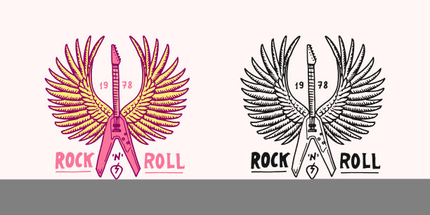 带翅膀的电吉他。天使的乐器。摇滚音乐标志。重金属模板设计t恤，夜派对和节日。手绘雕刻古董素描。图片下载