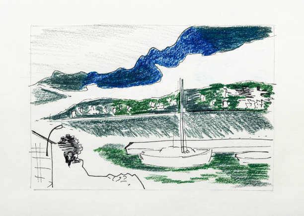 在码头用彩色铅笔手绘的小游艇图片下载