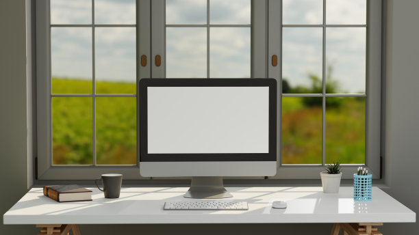 黑屏台式电脑在一个最小的办公室装饰和复制空间，3d渲染图片下载