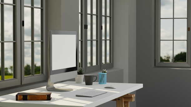 黑屏台式电脑在一个最小的办公室装饰和复制空间，3d渲染图片下载
