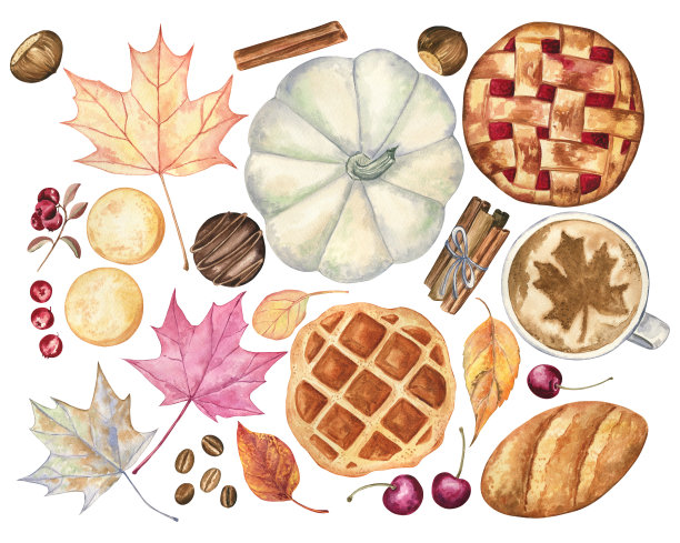 秋天收集的树叶，糕点，坚果，浆果和香料的水彩插图图片下载