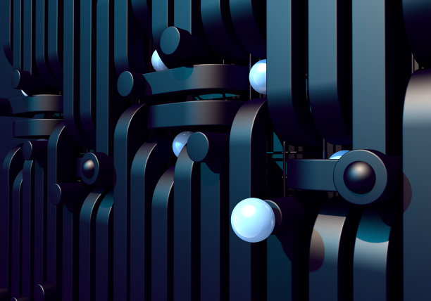 抽象的背景与黑色的方形管道和闪亮的金属球图片下载