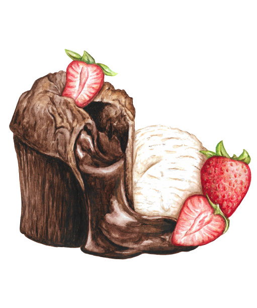 手绘水彩插图的巧克力翻糖，草莓和一个冰淇淋球图片下载