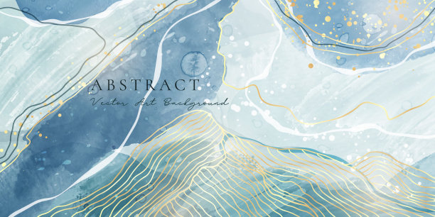 海军蓝绿松石和青色祖母绿液体大理石水彩背景与金线。柔和的蓝色优雅的最小现代帆布壁纸与油漆刷图案。矢量图图片下载