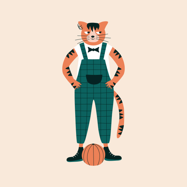 有趣的姜黄色猫在绿色工装裤和运动鞋与球手绘矢量插图。可爱的动物字符在平面风格的孩子字母表。字母“C”。图片下载