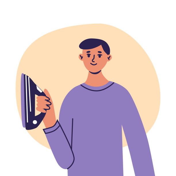 拿着熨斗的男人。家里老公熨烫衣服，做日常家务。平面卡通矢量插图，潮流的颜色，孤立在白色背景图片下载