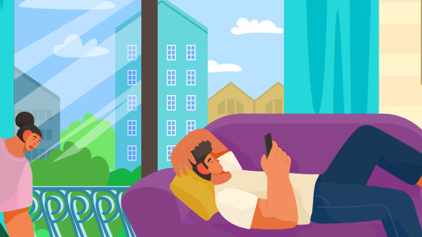 男人和智能手机躺在沙发上的年轻女人图片下载