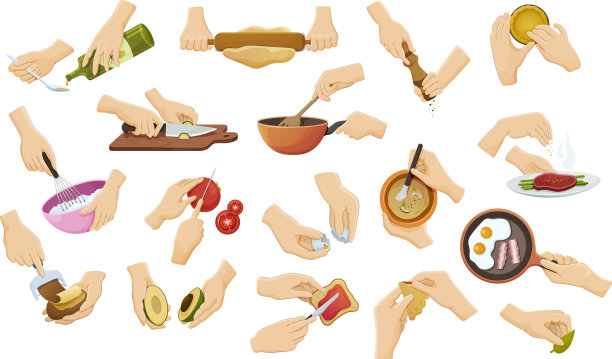 设置人手准备食物的炊具图片下载