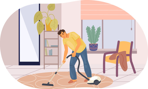 现代家庭主妇用橡胶手套清洁地毯图片下载