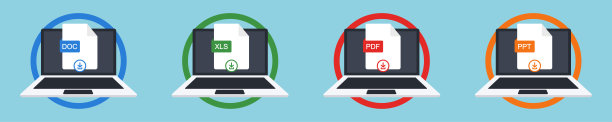 在笔记本电脑上下载文档。下载文件格式:excel、docx、ppt、pdf。一套下载数据矢量插图。图片下载