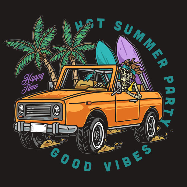 冲浪板骨骼复古海报五颜六色图片下载