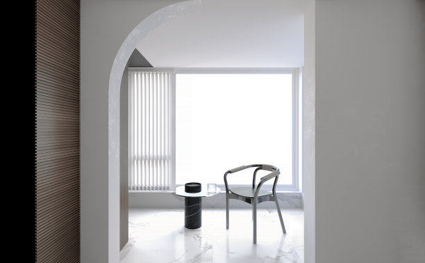大窗户旁有一把时髦的椅子，自然光，白色大理石地板。三维演示图片下载