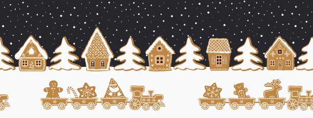 姜饼火车配糖果和姜饼房子。圣诞节的背景。无缝的边界图片下载