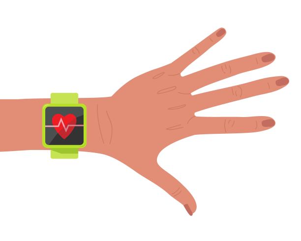 手臂上的智能手表。健康应用程序。带有心率图标的智能手表。时尚智能手表与手。屏幕健身应用。健康测试说明。健身界面设计。健康的生活方式图片下载
