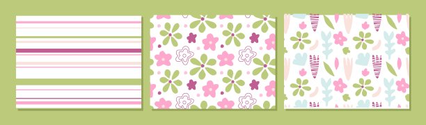 花卉无缝图案收集。粉色绿色手绘花朵素描，白色背景上的条状。三个模式集。重复花拼贴矢量插图墙纸，纺织品，包装图片下载