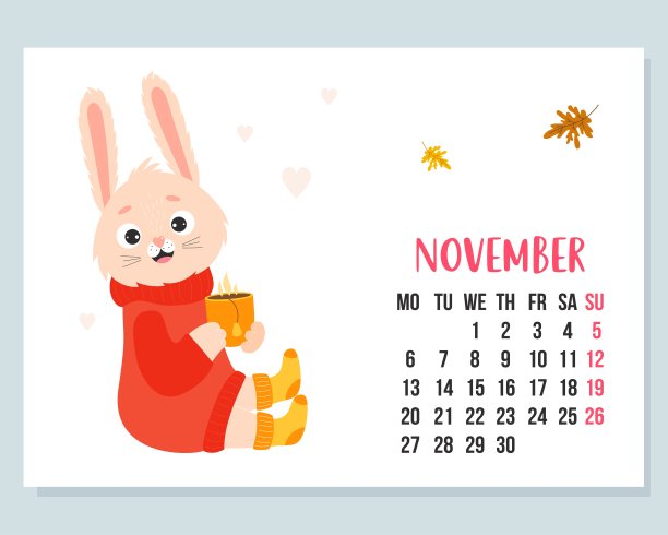 2023年11月日历。可爱舒适的兔子穿着毛衣和针织袜子，一杯热茶和秋天的叶子。矢量插图。水平模板。星期从星期一。2023年的兔子。图片下载