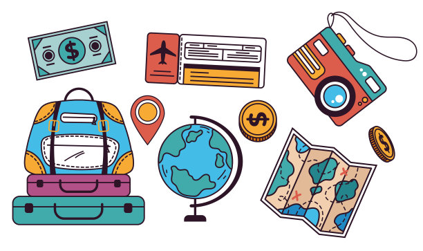 旅游旅游配件线条艺术涂鸦风格设计元素插图集合图片下载