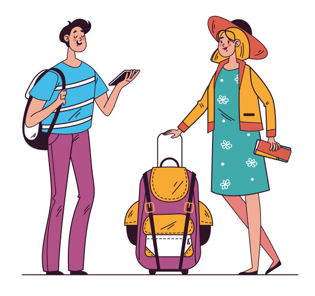 旅游游客男人女人夫妇旅行旅行度假涂鸦风格手绘线条艺术孤立的平面设计元素概念插图集图片下载