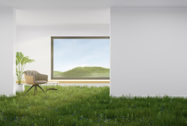 野草丛生，椅子铺在地板上。图片下载