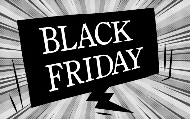 黑色星期五背景，黑色太阳爆发和美国漫画风格的气球图片下载