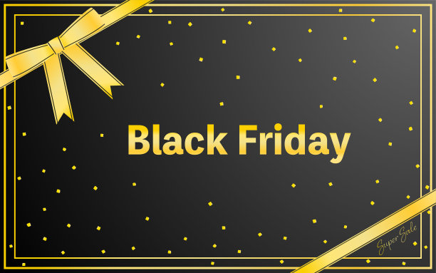 黑色星期五背景，标题框架与金色丝带在黑色背景图片下载
