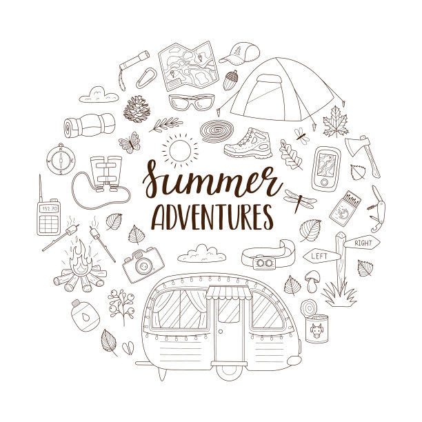 一套野营旅行的涂鸦元素图片下载