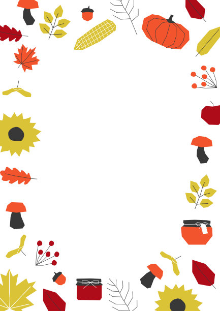 矢量插图与平面下落元素在框架周围。模板与复制空间有几何符号的秋天的时间。海报由树叶，浆果，果酱，南瓜装饰在白色的背景图片下载
