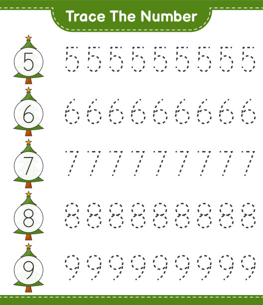 跟踪号码。用圣诞树跟踪号码。教育儿童游戏，可打印的工作表，矢量插图图片下载