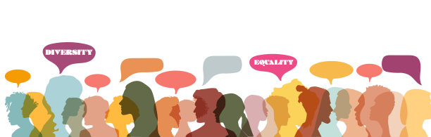 男人和女人的头部轮廓与丰富多彩的演讲气泡与平等和多样性的文本。图片下载