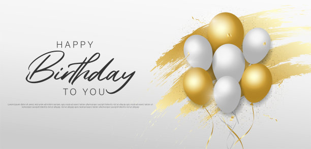 生日快乐彩色横幅模板设计装饰气球和金色的五彩纸屑的背景。图片下载