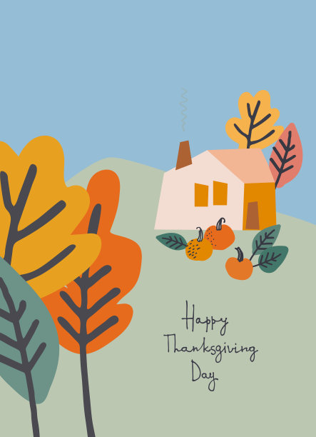 感恩节假期设计。手写的问候短语与乡村别墅，南瓜，树叶在白色的背景图片下载