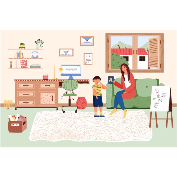 妈妈在家教孩子矢量家校卡通图片下载