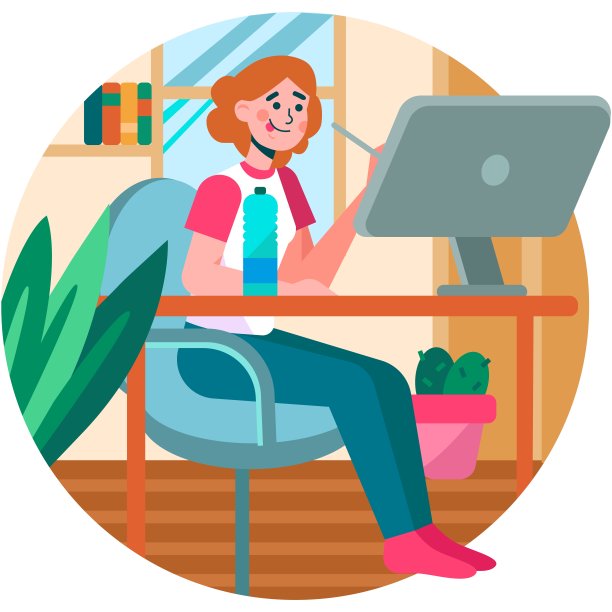 在家用电脑工作的创意女人矢量图图片下载