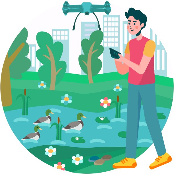 一个男孩在公园里玩遥控无人机图片下载