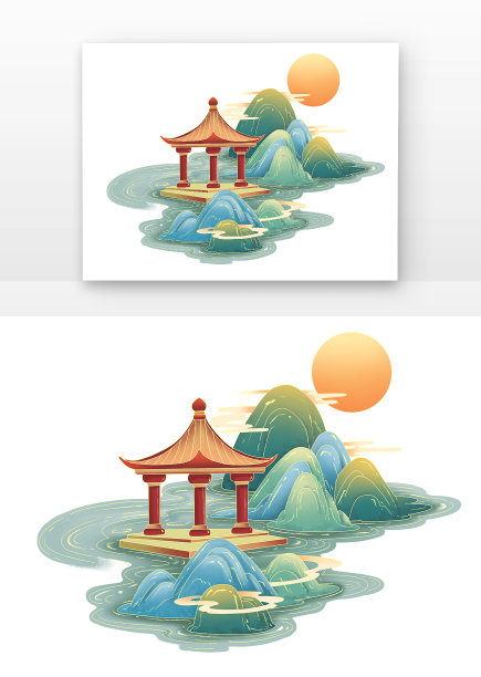 节气节令寒露国潮组合亭台山水景观景区风景图片下载