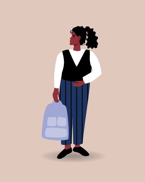 非洲女孩小学学生或青少年孤立，平面矢量股票插图与学童与书包图片下载