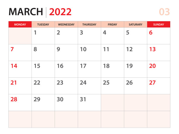 日历计划2022 - 2022年3月模板图片下载