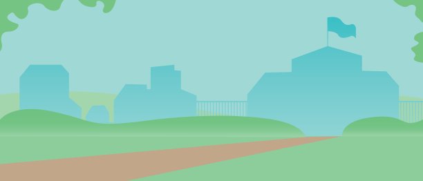 学校建筑或校园的轮廓与草坪，平面矢量库存插图与外部区域和没有人，模板覆盖图片下载