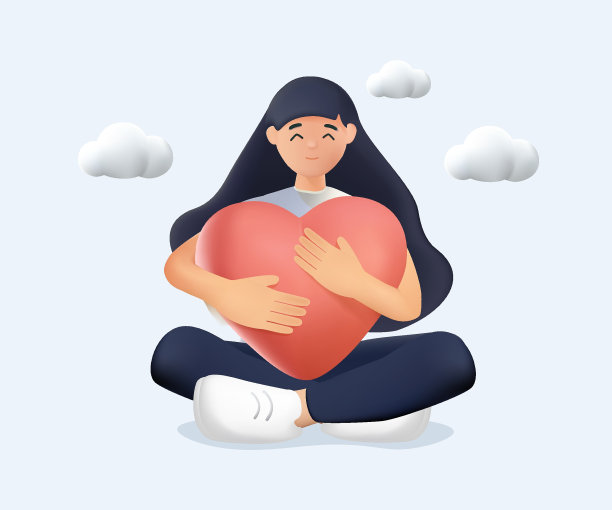 3D矢量人物女人坐莲花姿势，冥想。女孩抱着巨大的红心冥想，自信满满。图片下载