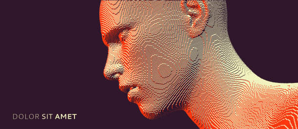 从立方体中构建的抽象数字人头。极简设计的商业演示，传单或海报。技术和机器人概念。体素的艺术。3 d矢量插图。图片下载