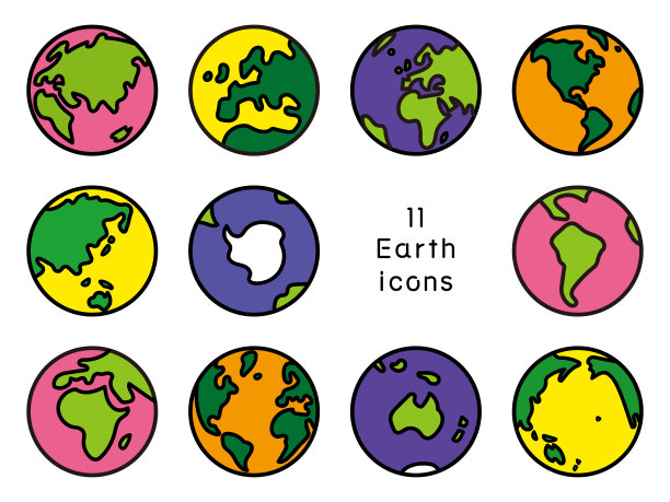 简单的地球图标设置，简化的线条绘制，五颜六色的地球图片下载