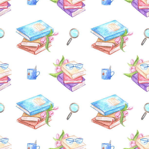 无缝精致的图案与书籍和鲜花，画在水彩。图片下载
