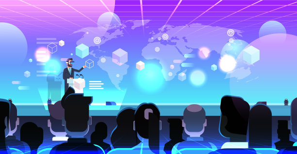 商人戴着数字眼镜发表演讲图片下载