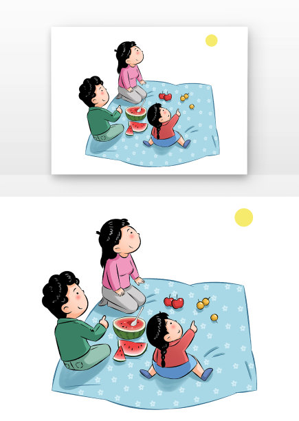 手绘卡通人物野餐赏月图片下载