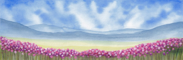 山的剪影和亮粉色的花朵图片下载