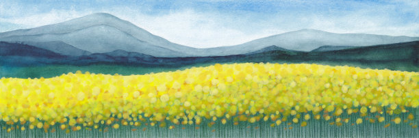 山的剪影和明黄色的花朵图片下载