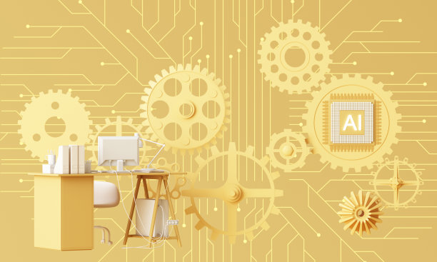 黄色办公桌与笔记本电脑在未来与人工智能和现代科技的工作。公司的目标努力实现。背景介绍了人工智能芯片和电路。三维渲染图片下载