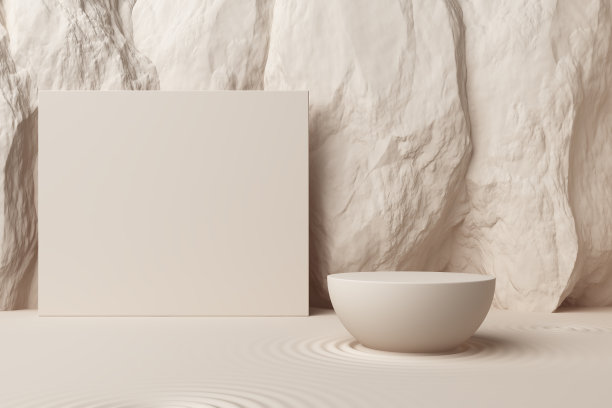 波纹石米色大纹理表面背景广场立方站立产品展示概念最小禅意花园日本液体商业。以时尚化妆品或护肤品为平台。图片下载