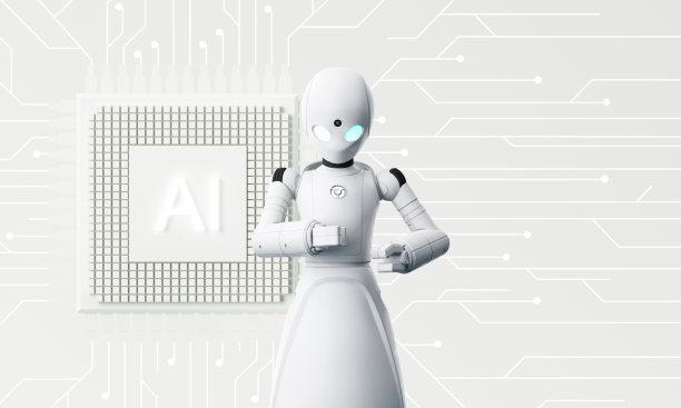 机器人控制有机体与现实中的虚拟HUD界面和带有齿轮的Ai芯片一起工作。一个塑料脸的人形机器人在数字屏幕上按压。未来的概念。三维渲染图片下载