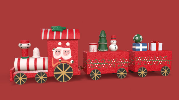 圣诞火车与玩具和礼物的红色背景3d渲染图片下载